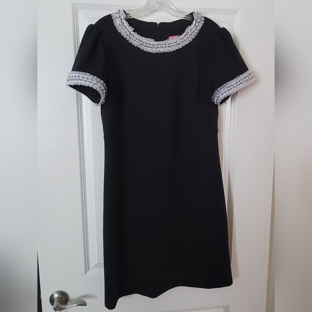 Betsey Johnson Black Dress with Pearl, Rhinestones & Tulle Collar Size 12